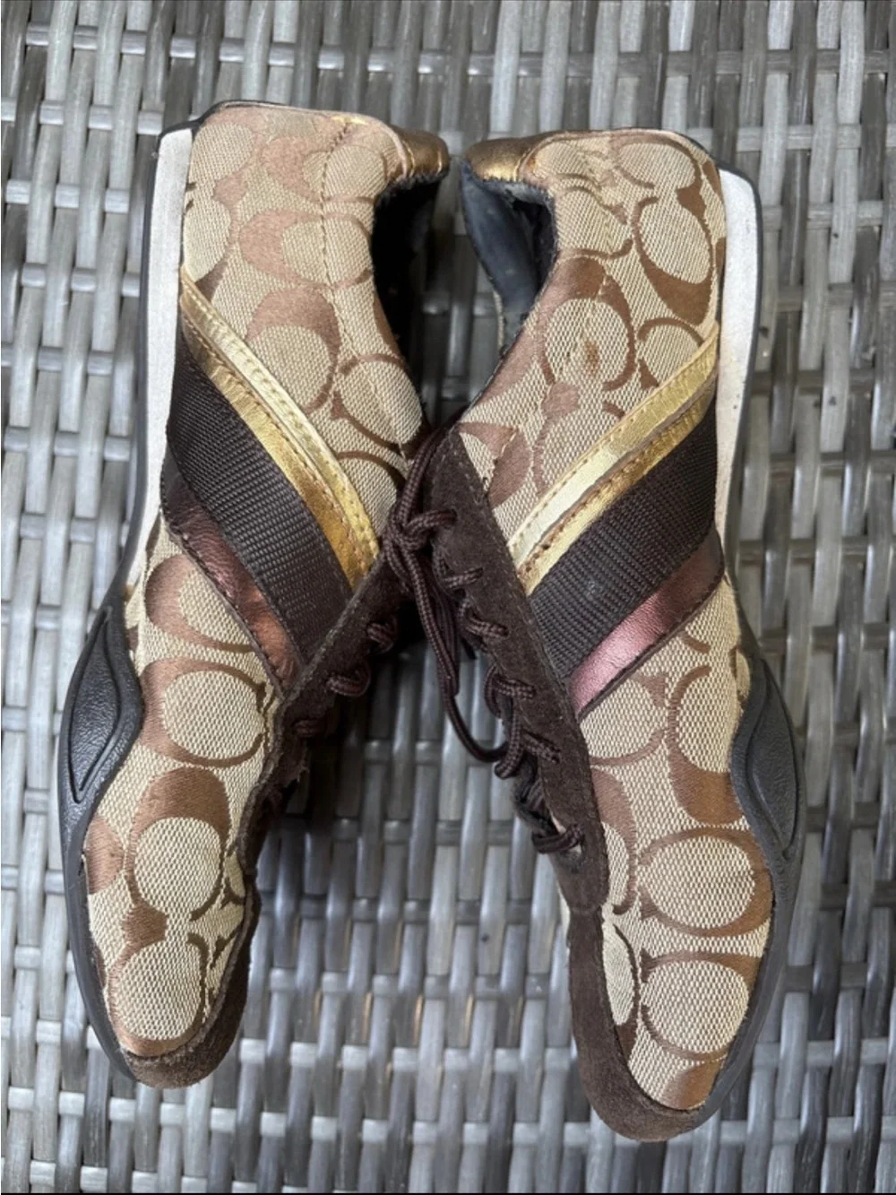 Coach Brown Signature Canvas Sneakers with Gold & Bronze Stripes - Women